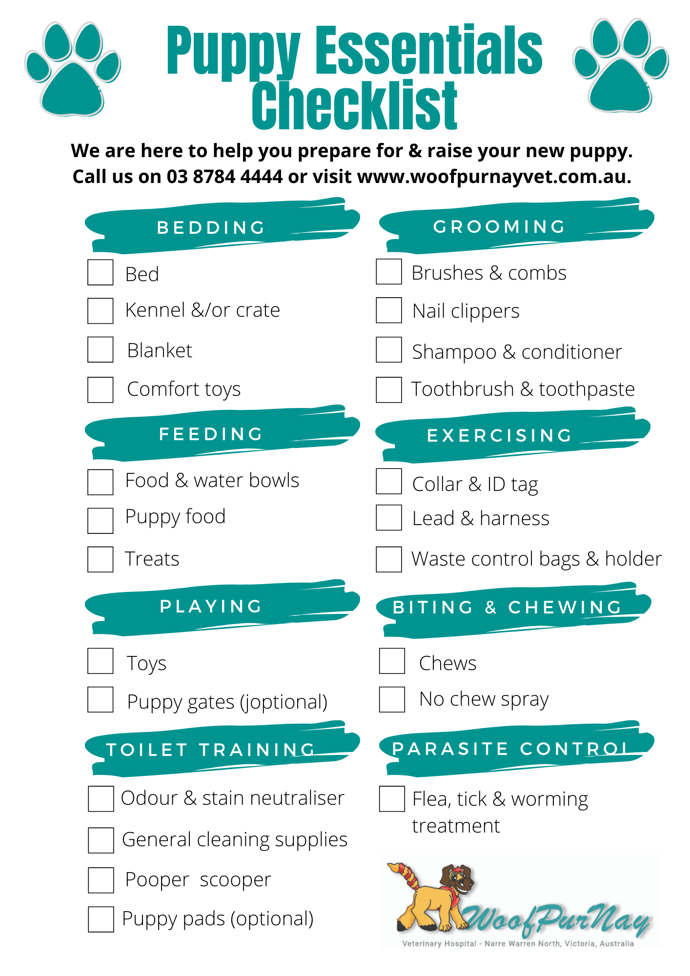 New puppy essentials checklist Woofpurnay Veterinary Hospital